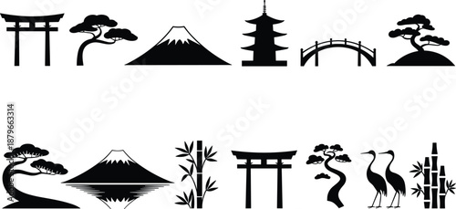 Black and white Japanese cultural symbols and nature