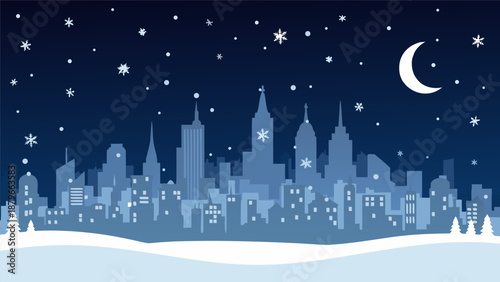 Winter City Skyline Vector Illustration with Snowflakes and Crescent Moon on a Dark Blue Background