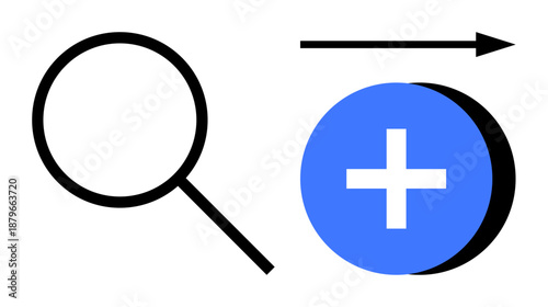 Search concept. Magnifying glass combined with arrow and plus symbol exploration, data expansion, or growth. Search applied to business strategies, technology, research, analytics, and digital