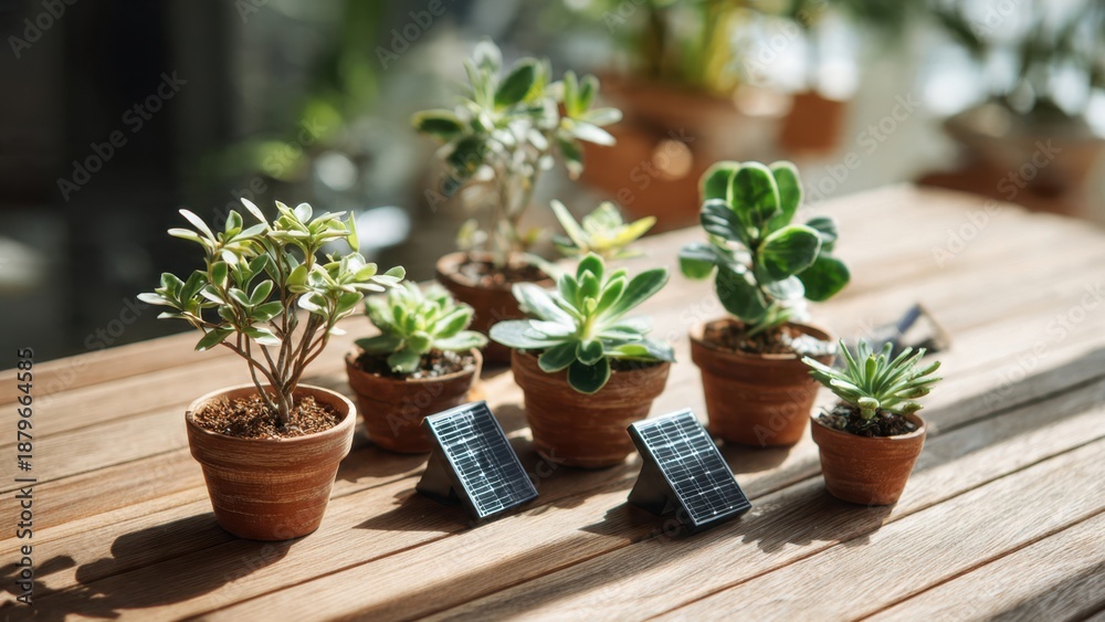 Fototapeta premium Small plants and solar panels on wooden table