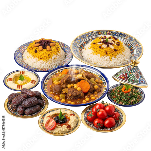 colorful middle eastern feast with saffron rice and fragrant stew on decorative blue plates