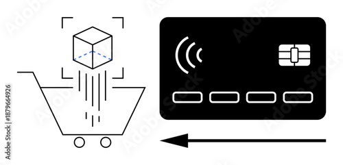 Online shopping concept. Online shopping ed by a cart icon and digital package with contactless credit card. Online payment for e-commerce, retail, business transactions, technology