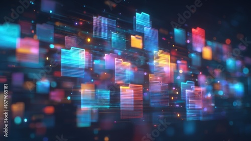 Abstract network grid with files and folders, futuristic software interface, digital document management system, store, search and organize documents, corporate business, paperless office	
