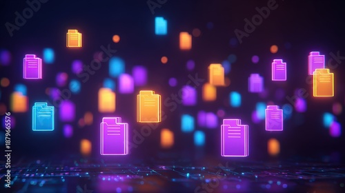 Abstract network grid with files and folders, futuristic software interface, digital document management system, store, search and organize documents, corporate business, paperless office	
