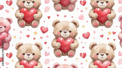 A seamless pattern of cute chubby teddy bears holding red hearts, surrounded by floating pastel pink hearts and tiny stars.