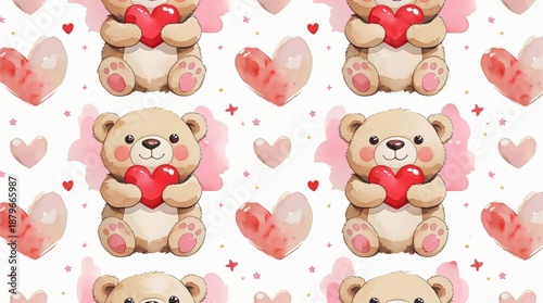 A seamless pattern of cute chubby teddy bears holding red hearts, surrounded by floating pastel pink hearts and tiny stars.