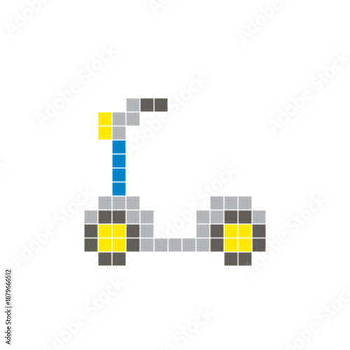 A flat pixel design made of geometric square color blocks on a clean icon layout. Pixel art kids scooter