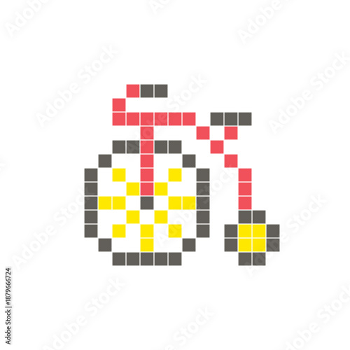 A flat pixel design made of geometric square color blocks on a clean icon layout. Pixel art penny farthing bicycle