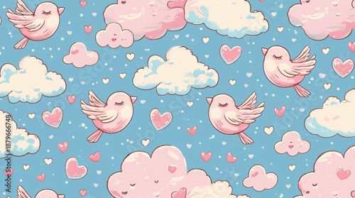 A whimsical seamless pattern of tiny round birds kissing, with heart-shaped wings, floating among soft fluffy clouds and small raindrops of hearts.