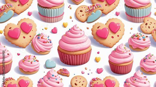 A delicious seamless pattern of heart-shaped cookies, cupcakes with pink frosting, and colorful sprinkles.