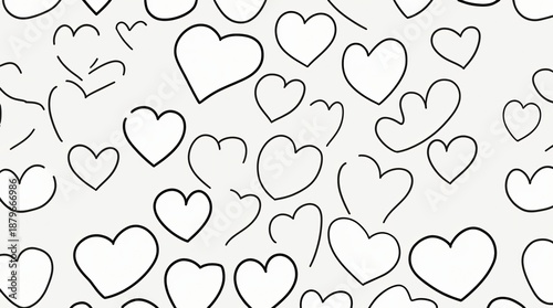 A seamless pattern of minimalist hand-drawn heart outlines in various sizes.