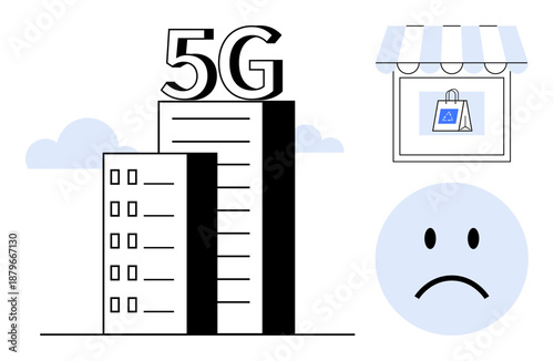 5G network. The interaction between 5G technology, e-commerce, and user experience is with a sad face and storefront graphic. 5G reshaping commerce, connectivity, business, and tech advancements