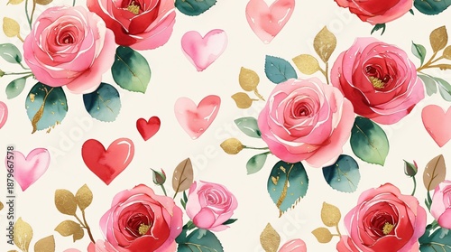 A lush seamless pattern featuring soft watercolor red roses and pink hearts with gold leaf accents.