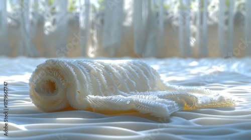 Soft White Fabric Roll on a Textured Surface with Natural Light.