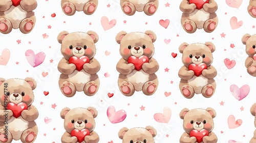 A seamless pattern of cute chubby teddy bears holding red hearts, surrounded by floating pastel pink hearts and tiny stars.
