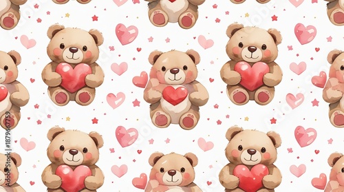 A seamless pattern of cute chubby teddy bears holding red hearts, surrounded by floating pastel pink hearts and tiny stars.