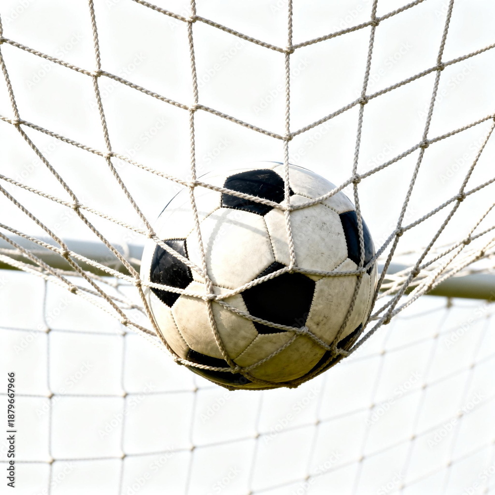 Naklejka premium Soccer Ball in Goal Net During Match