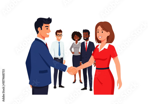 Diverse group of professionals in business attire, two individuals shaking hands in the foreground, symbolizing agreement and partnership.