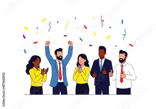 A diverse group of business professionals celebrating success with confetti falling around them.