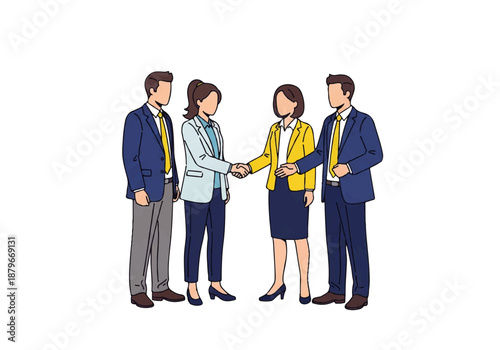Two businesswomen shake hands in front of two businessmen, symbolizing a successful partnership and agreement.