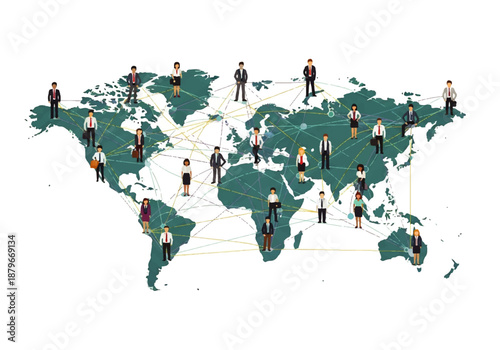 Global network of interconnected business people spread across a stylized world map, illustrating international connections and collaboration.