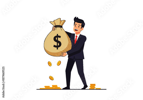 A businessman in a suit joyfully holds a large money bag, with coins spilling out onto the floor, symbolizing wealth and financial success.