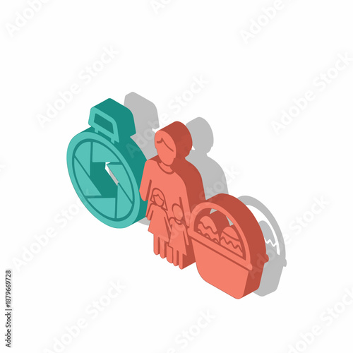 Isometric illustration of a family enjoying an Easter egg hunt with a camera, symbolizing memories and traditions