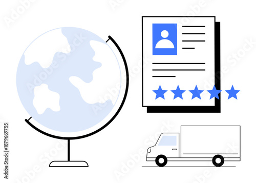 World globe, user profile document with star rating, and delivery truck visualizing global business, customer satisfaction, reliable delivery, international trade. Ideal for logistics, shipping