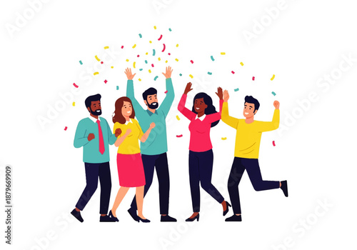 A diverse group of five friends celebrating joyfully with confetti falling around them, arms raised in excitement.