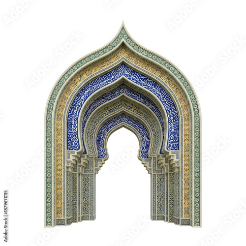 ornate islamic archway with blue green mosaic tilework