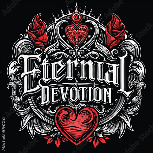 Eternal Devotion Gothic Tattoo Vector with Red Roses and Ornate Heart Design for T- Shirt