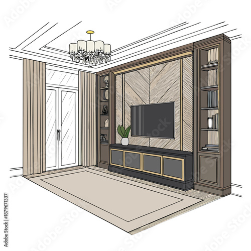 Minimalist TV Wall Cabinet Sketch with Gold Trim Decor