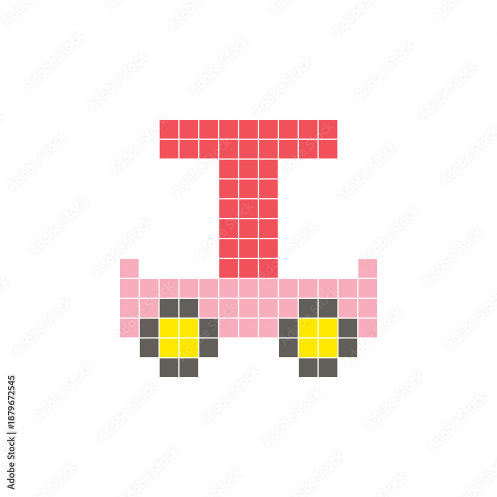 Fototapeta premium A flat pixel design made of geometric square color blocks on a clean icon layout. Pixel art cart and letter T