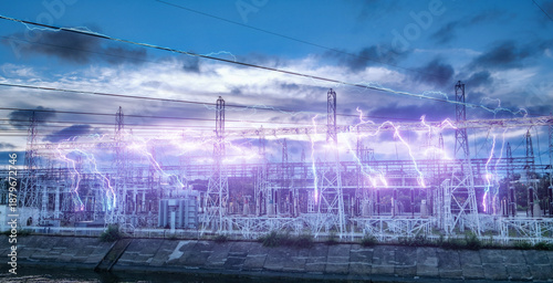 Принти на полотні Dramatic electrical discharge illuminates a power substation and high-voltage lines under a stormy sky, symbolizing raw energy and modern technology
