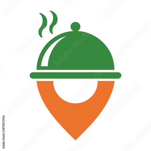 Green cloche with steam on top of orange location pin icon icon