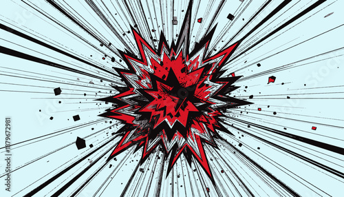 A stylized comic book explosion with red, black, and white elements bursting on a light blue background