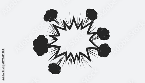 A black and white comic-book-style explosion. It has sharp edges and billowing smoke