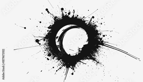 Abstract black ink splash with a central circular shape and spatter on a white background