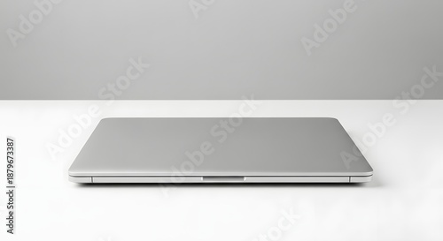 Sleek closed silver laptop computer on a clean white desk, modern technology and minimalist business workspace concept