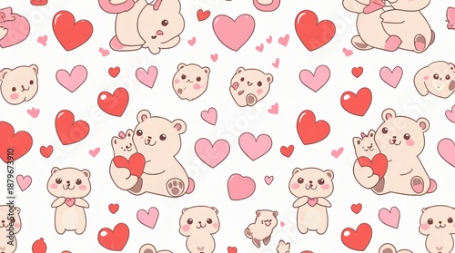 A seamless pattern of adorable, simple-style kawaii animals (e.g., small bears, bunnies, cats) holding or surrounded by pink and red hearts.