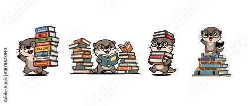 Cartoon Owls Reading and Surrounded Books.