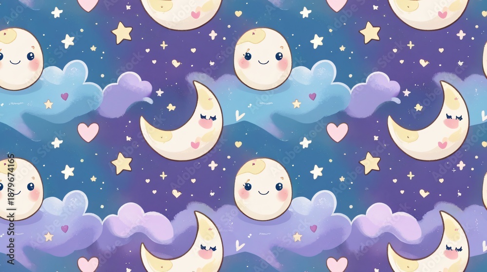 Naklejka premium A seamless pattern featuring cute crescent moons, shimmering stars, and tiny floating hearts on a soft, dreamy pastel blue and purple night sky background.