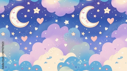 A seamless pattern featuring cute crescent moons, shimmering stars, and tiny floating hearts on a soft, dreamy pastel blue and purple night sky background.