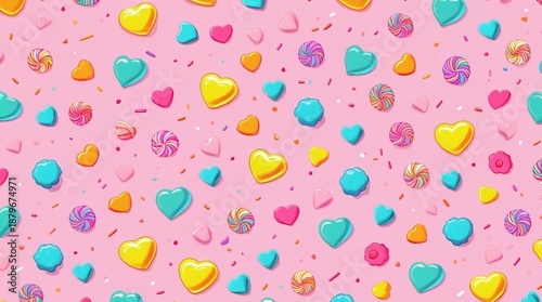 A vibrant and cheerful seamless pattern of colorful sprinkles, tiny heart candies, and small round sweets.