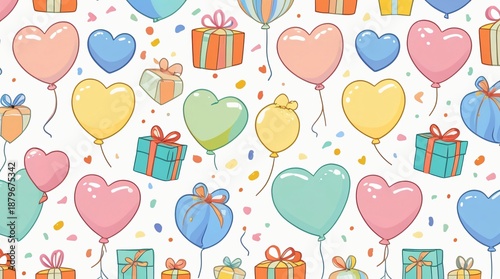 A playful seamless pattern of cute pastel-colored balloons (heart-shaped, round), tied with strings, floating alongside small wrapped gift boxes and confetti.