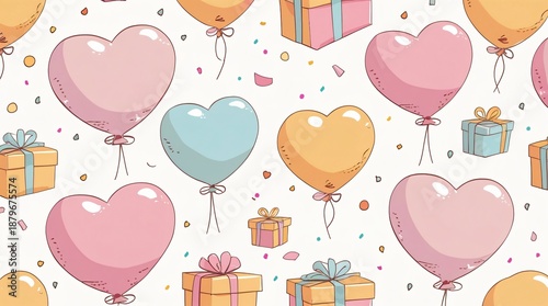 A playful seamless pattern of cute pastel-colored balloons (heart-shaped, round), tied with strings, floating alongside small wrapped gift boxes and confetti.