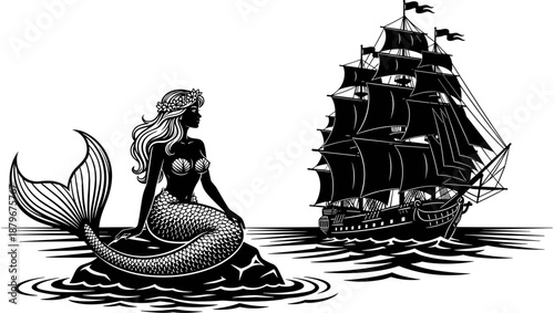 Black silhouette of a mermaid sitting on a rock watching a large pirate ship sailing on the ocean waves