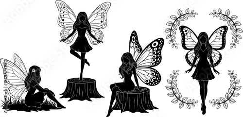Silhouette fairy collection with butterfly wings standing and sitting on tree stumps surrounded by floral wreaths for fantasy nature designs