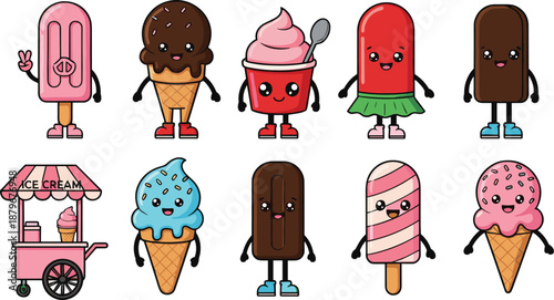 Cute kawaii ice cream and popsicle character set with frozen desserts cones cart and sweet treats vector