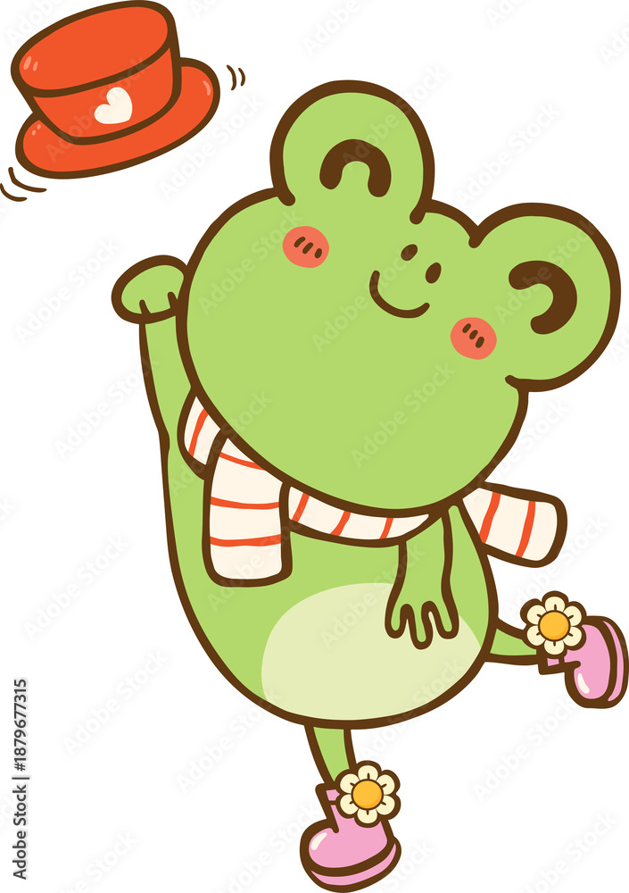 Obraz premium Valentine Frog Wearing Scarf And Hat Cartoon Hand Drawn